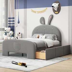 Gray Wood Frame Full Velvet Upholstered Platform Bed with Rabbit-Shaped Headboard, Bed-End Storage Pocket, Drawers