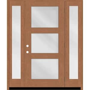 Regency 68 in. x 80 in. Modern 3-Lite Equal Clear Glass LHOS Autumn Mahogany Fiberglass Prehung Front Door DBL 14 in. SL