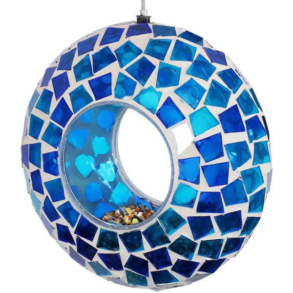 Sunnydaze 6 in. Blue Mosaic Fly-Through Hanging Outdoor Bird