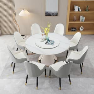 White Stone 59 in. Round Deluxe Wood and Metal Pedestal Base Revolving Dining Table for Dining Room (Seats 8)