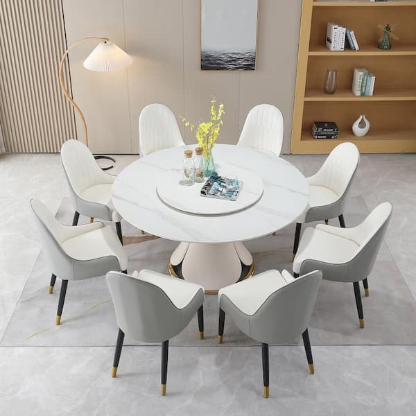 White Stone 59 in. Round Deluxe Wood and Metal Pedestal Base Revolving Dining Table for Dining Room (Seats 8)