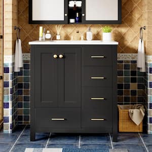 18.30 in. W Single Sink Freestanding Black Bath Vanity W/ White Ceramic Top Unassembled 4 Drawers and Soft Closing Doors