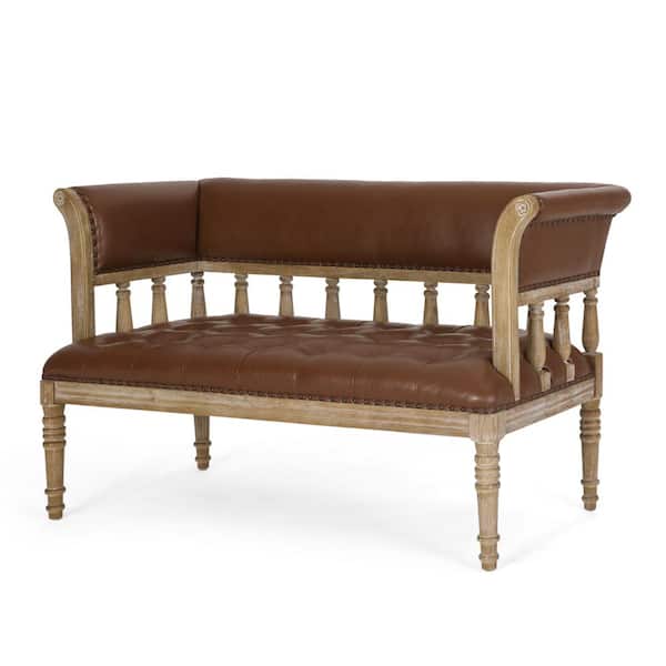 Noble House Alzada 56.25 in Cognac Brown and Natural Tufted Faux Leather 2-Seat Loveseat