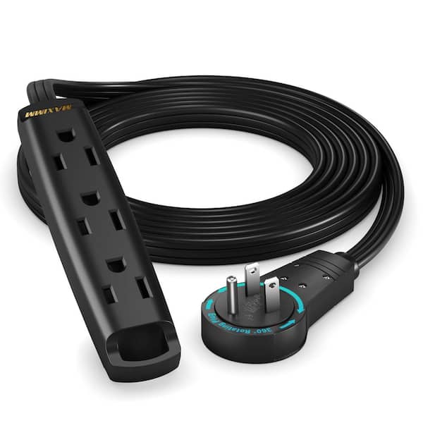 MAXIMM 6 ft. 16/3 Light Duty Indoor Extension Cord 360° Rotating Flat Plug 1-Sided with Loop, Black