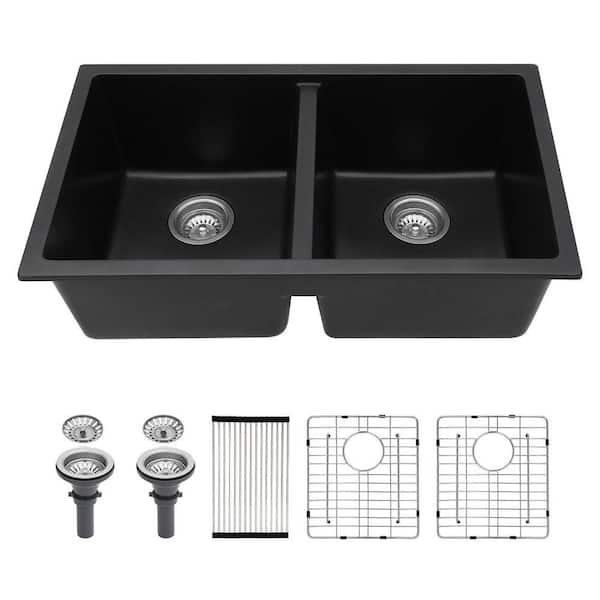 33 in. Undermount Double Bowl (50/50) 16 Gauge Gunmetal Black Quartz Kitchen Sink with Strainers