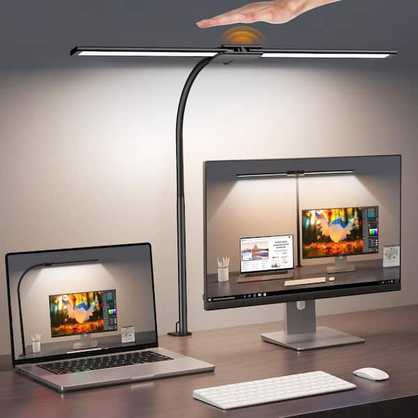 24.8 in. Black Clip-On LED Desk Lamp, Dual Head Adjustable Gooseneck Light with Clamp, 50 Dimmable Modes and Timer