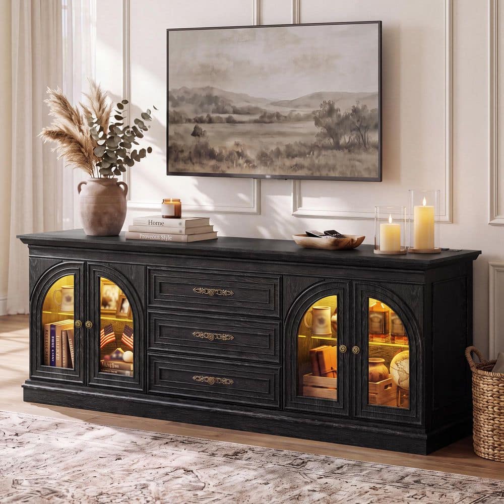 Black TV Stand Fits TVs up to 70 in. with Cabinets and Drawers,Entertainment Center with LED Lights, Charging Station price history on PriceWatchPro