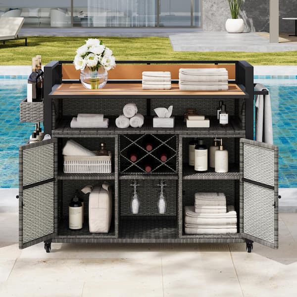 52.8 in. W Grey Wicker Outdoor Grill Cart with Extended Plastic Wood Table Top on Wheels with Storage Cabinet