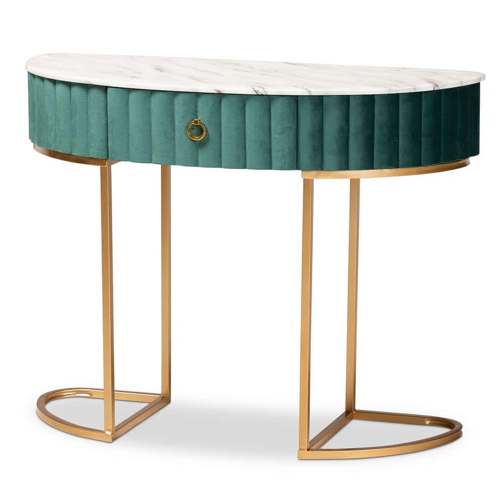 Luxurious Green Velvet and Gold 40" Console Table with Faux Marble Top