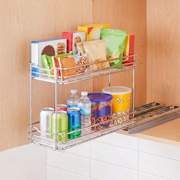 Pull Out Spice Rack Organizer for Cabinet, 2 Tier Slide Out  Silver Spice Rack Organizer, Metal Seasoning Kitchen Basket
