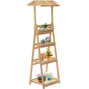 Small Slim Narrow Wooden Shelf Stand Cart Plant Shelf with Artistic Roof Design Storage Rack Shelf, Bookcase and Decor