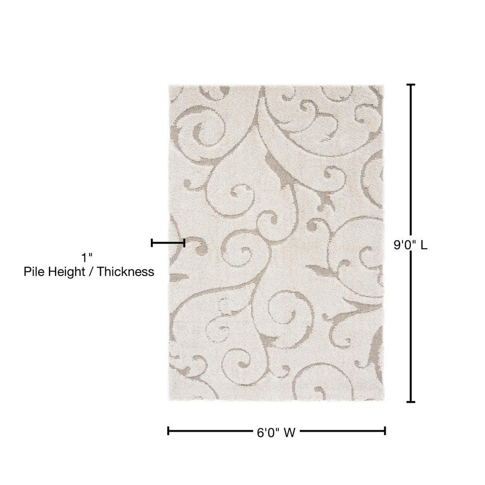 Elegant Cream/Beige Floral Vine Shag Rug, 6' x 9', Synthetic Easy Care