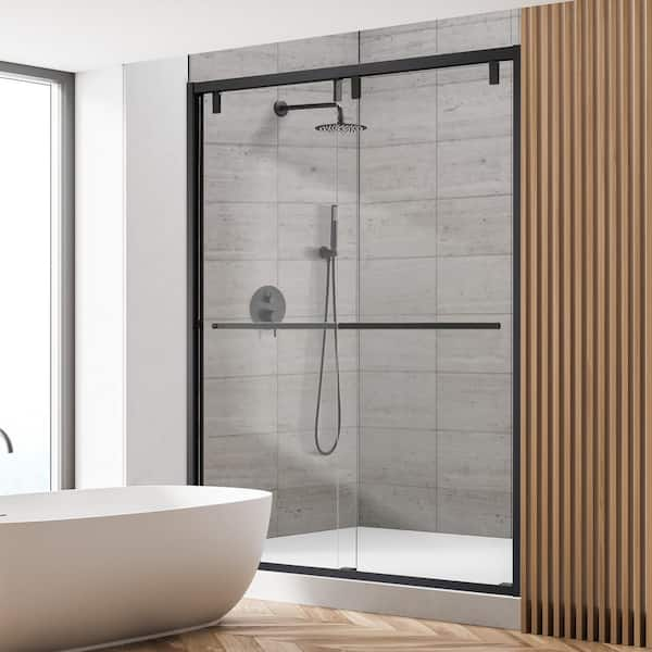 Caspar 52 in. W x 76 in. H Sliding Semi-Frameless Shower Door in Matte Black Finish with Clear Glass