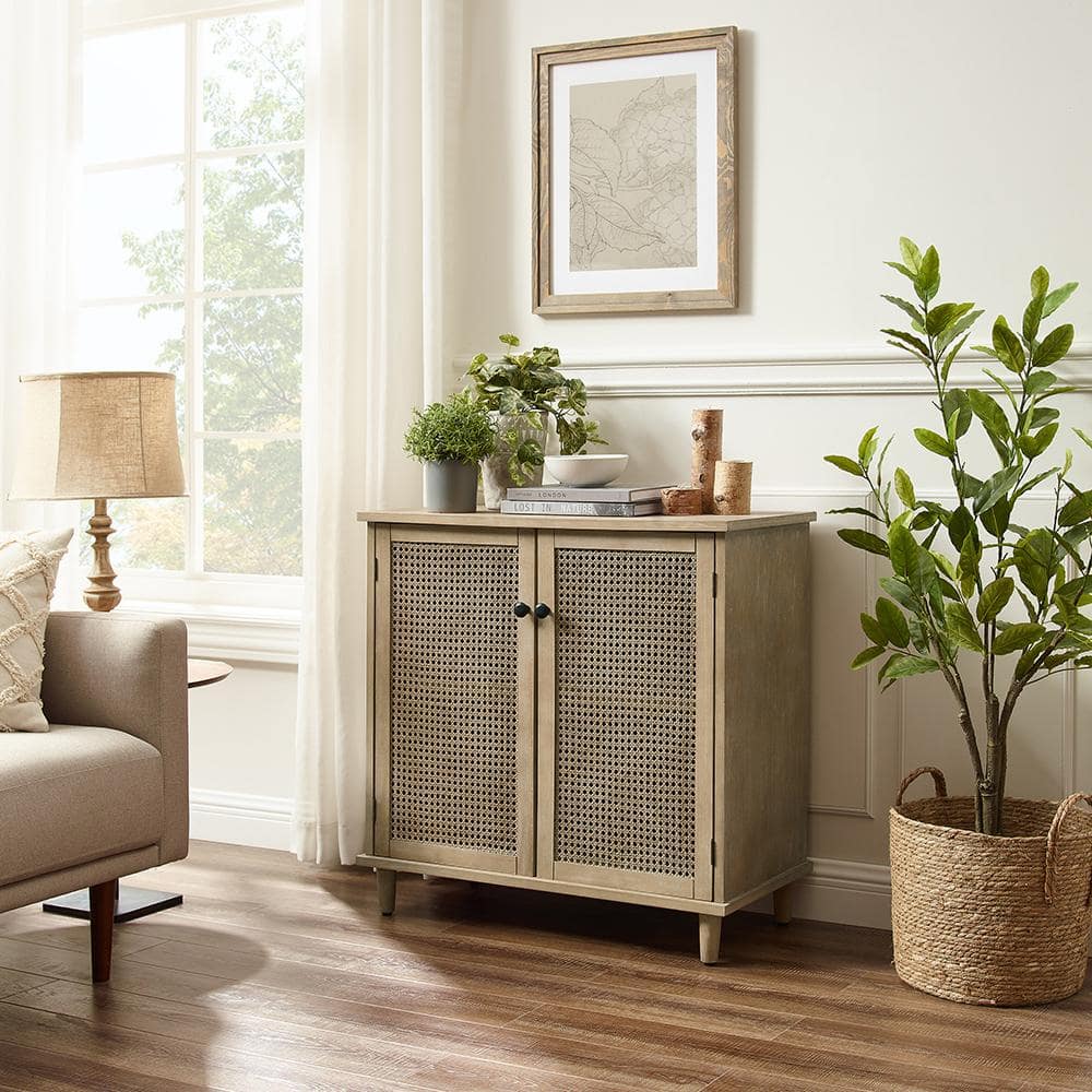 Natural Brown Bamboo Freestanding Office Cabinet with Rattan Doors