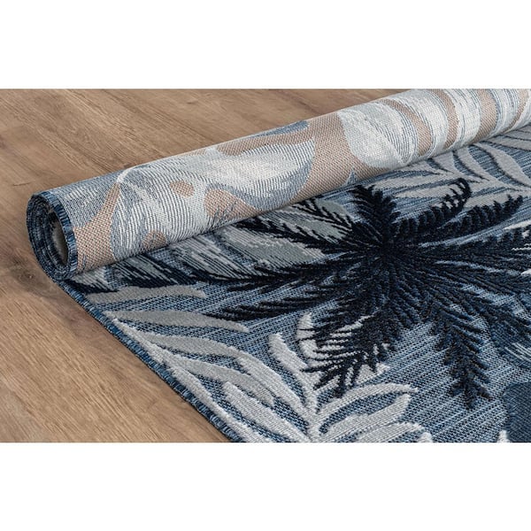 Jungle Navy 5 ft. x 7 ft. Washable Tropical Floral Indoor Outdoor