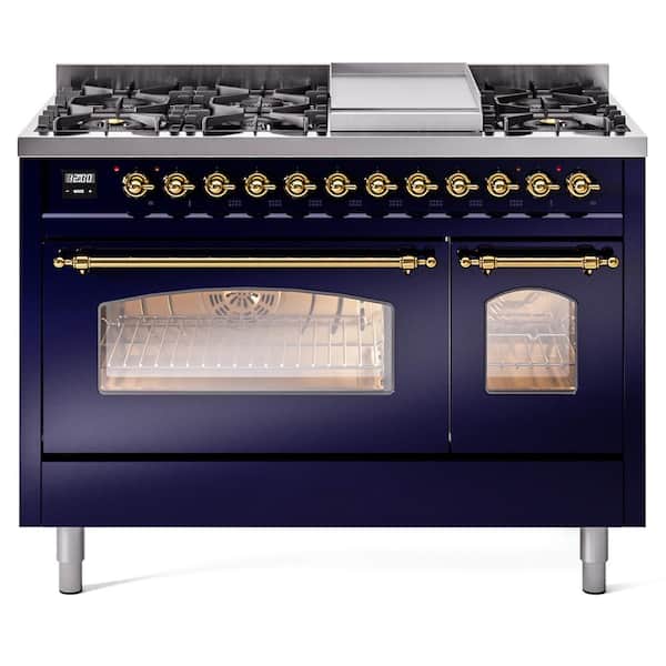 ILVE Nostalgie II 48 in. 8-Burner Plus Griddle Double Oven Liquid Propane Dual Fuel Range in Midnight Blue with Brass Trim
