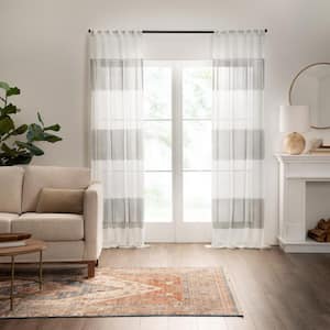 Gilson Grey Horizontal Border Polyester 50 in. W x 95 in. L Sheer Single Rod Pocket Curtain Panel