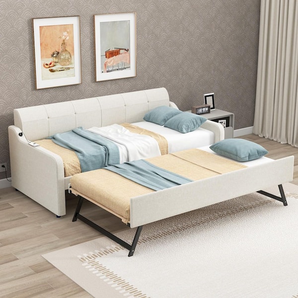Beige Twin Size Upholstery Daybed with USB Charging Design and Trundle