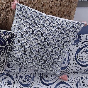 Indienne Navy and White Floral Hypoallergenic Down Alternative 16 in. x 18 in. Throw Pillow