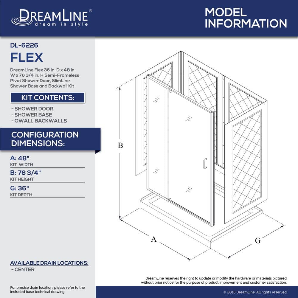 Flex 48" x 36" Clear Glass Semi-Frameless Shower Kit with Chrome Hardware