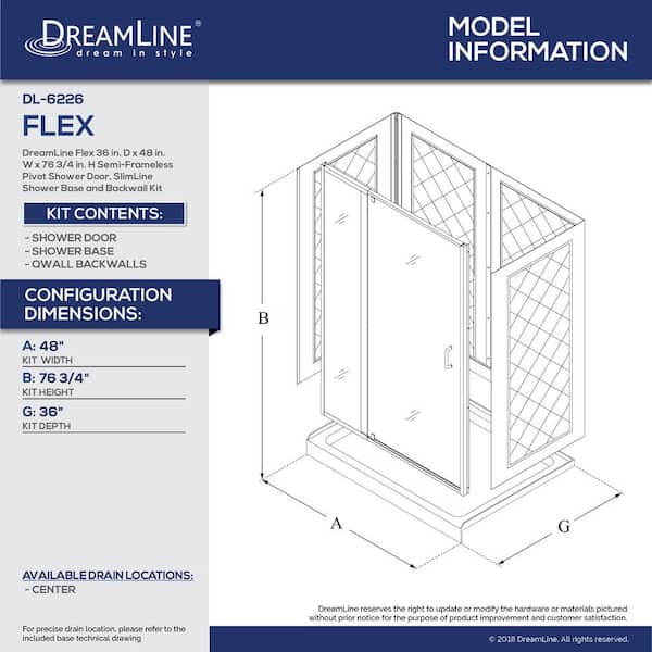 Flex 48 in. x 72 in. Pivot Semi-Frameless Shower Door in Brushed Nickel with 48 in. x 36 in. Base and Wall in White
