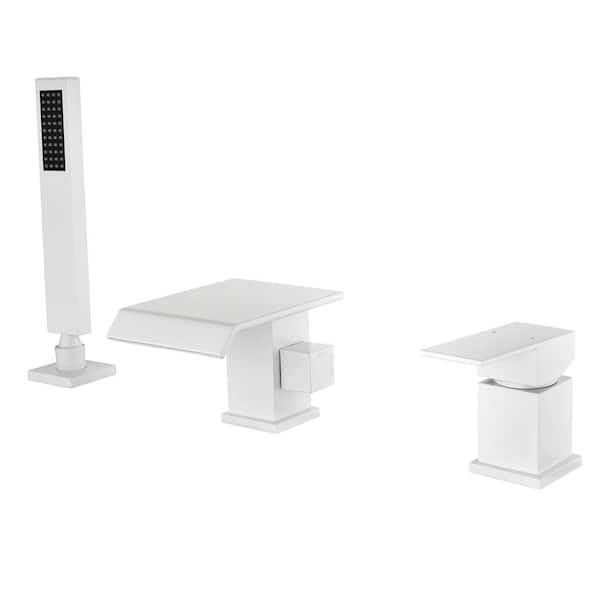 AIMADI Waterfall Single-Handle Deck-Mount Roman Tub Faucet with Hand Shower Modern Brass 3 Hole Bathtub Faucets in White