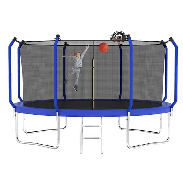 Isvalen 12 ft. Outdoor Recreational Trampoline for Kids with Safety Enclosure Net, Ladder and Basketball Hoop, Blue