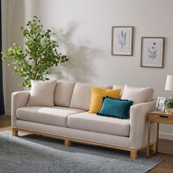Brookside Kay 84 in. Oat Polyester 2-Cushion 3-Seater Track Arm Sofa with Wood Base