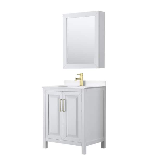 Wyndham Collection Daria 30 in. W x 22 in. D x 35.75 in. H Single Bath Vanity in White with White Quartz Top and Mirror