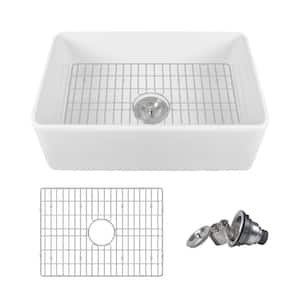 Perch White Fireclay 24 in. L x 18 in. W Rectangular Single Bowl Farmhouse Apron Kitchen Sink with Grid and Strainer