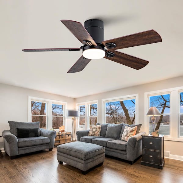 42 in. Black 5 Wood Blades Flush Mount Standard Ceiling Fan with LED Light and Remote Included