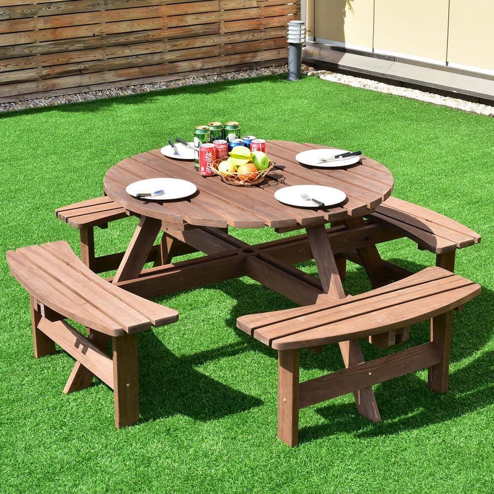Brown Fir Wood Round Picnic Table Set with Umbrella Hole