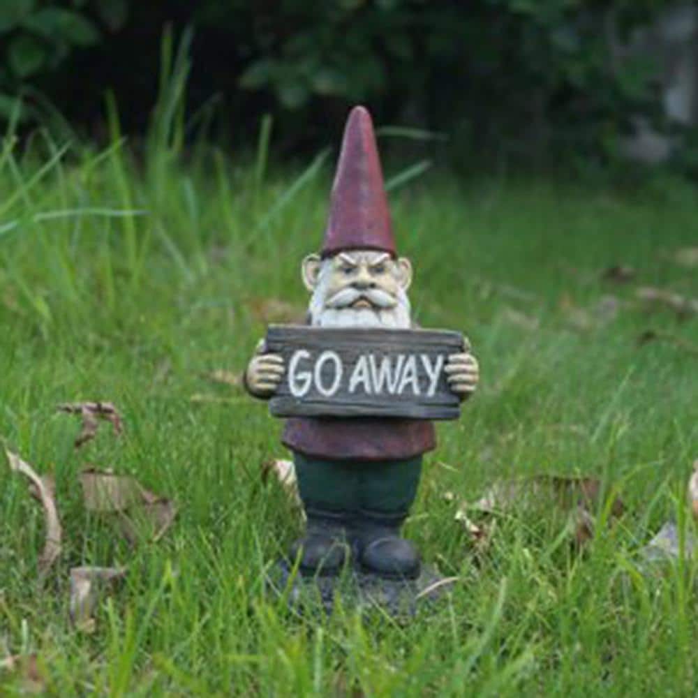 Red and Green Polyresin Gnome Garden Statue with Go Away Sign