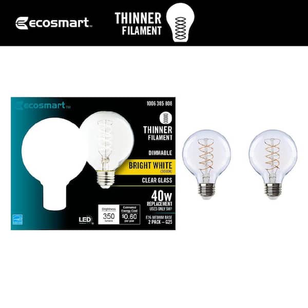 EcoSmart 40-Watt Equivalent G25 Dimmable Fine Bendy Filament LED Vintage Edison Light Bulb Bright White (2-Pack)