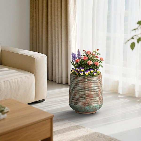 16.5 in.W x 17.5 in.H Concrete Tall Round Planter with Teal Patterns Large Plant Pot with Drainage Holes for Outdoor