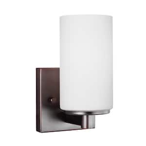 Hettinger 4 in. 1-Light Bronze Transitional Contemporary Wall Sconce Bathroom Vanity Light with White Glass and LED Bulb
