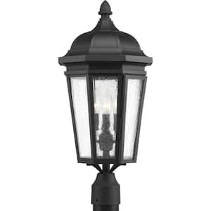 Verdae Collection 3-Light Textured Black Clear Seeded Glass New Traditional Outdoor Post Lantern Light