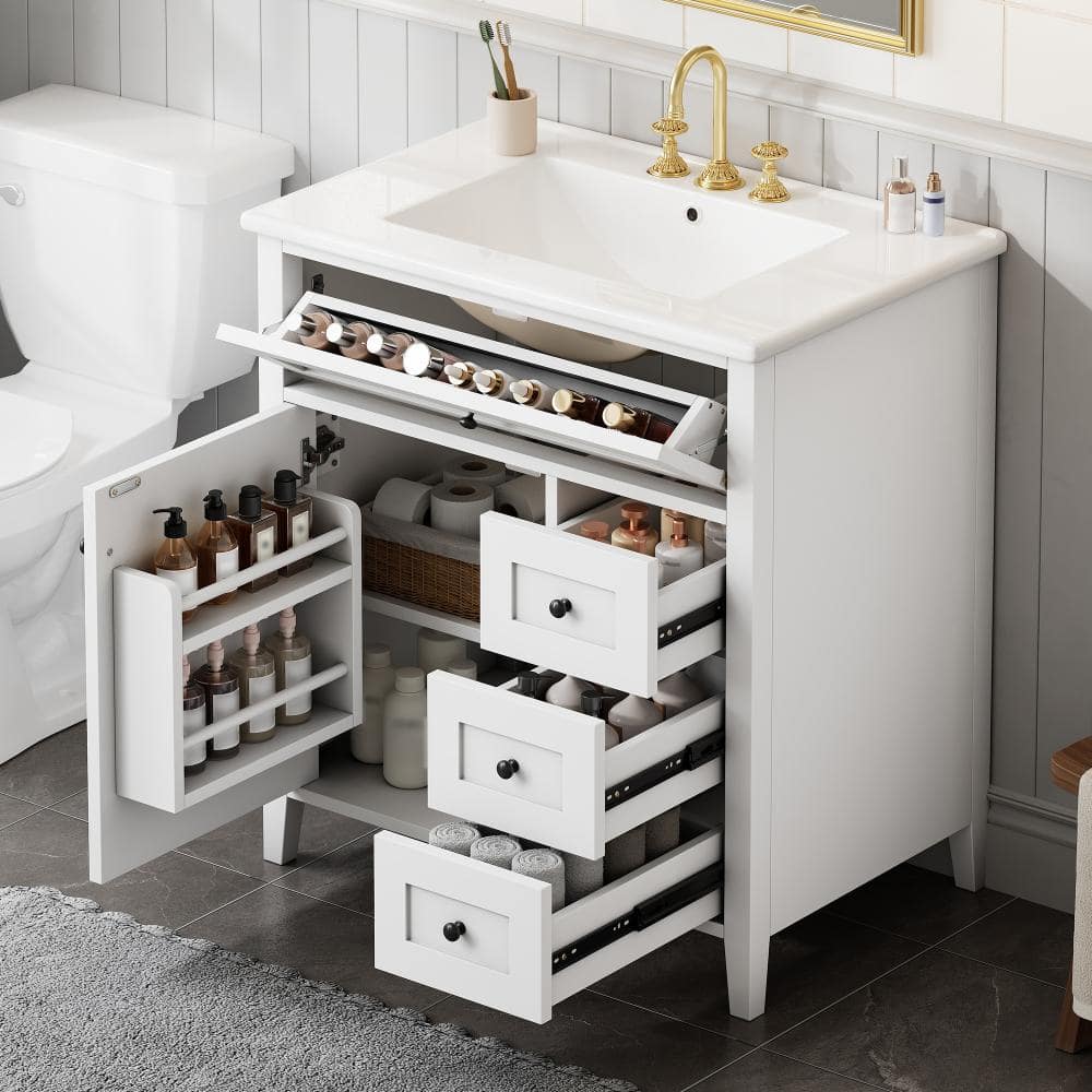 30 in. White Freestanding Bath Vanity with White Ceramic Sink Top, 3 Drawers and Adjustable Shelf price history on PriceWatchPro