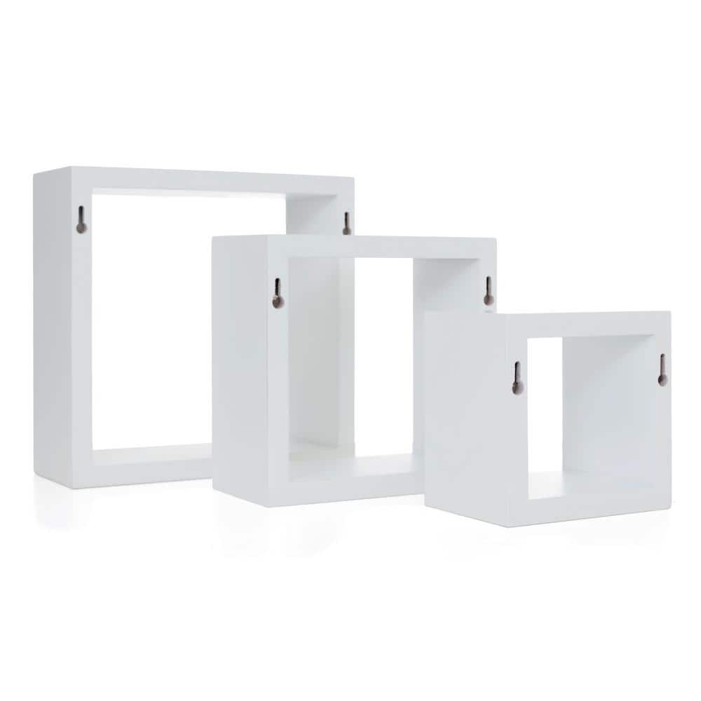 White Wood Floating Cube Wall Shelves Set of 3