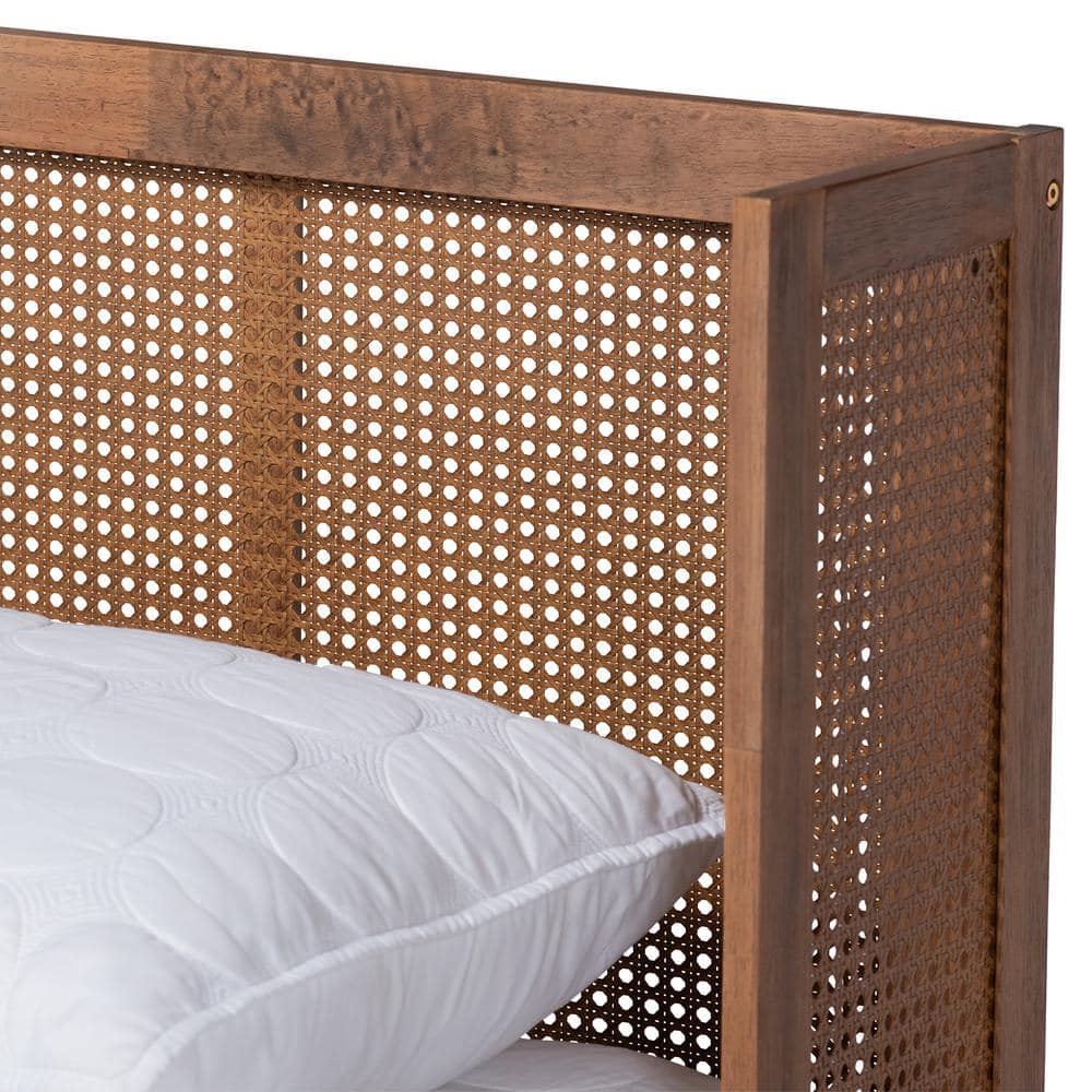 Mid-Century Walnut Queen Platform Bed with Synthetic Rattan Headboard