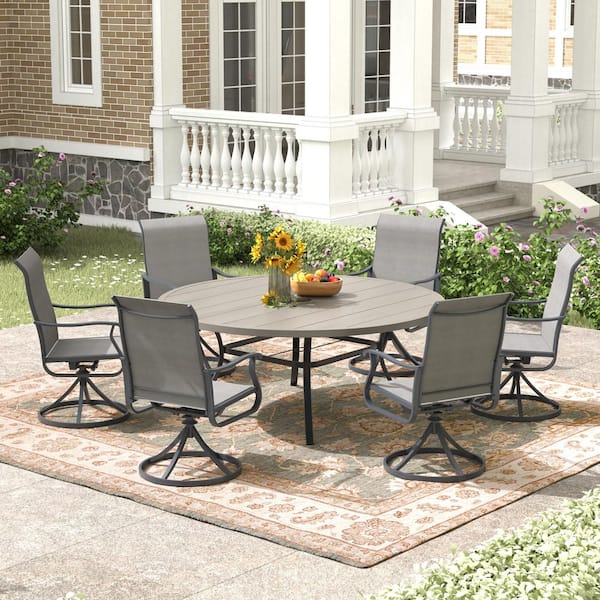 7-Piece Metal 53 in. Round Outdoor Dining Set 360° Textilene Fabricswivel Chairs and 1.57 in. 1.90 in. Umbrella Hole