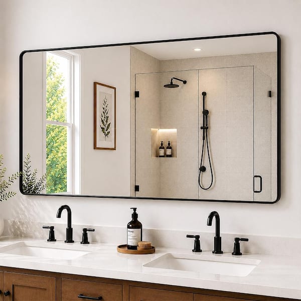 Cosy 60 in. W x 36 in. H Rectangular Framed Wall Bathroom Vanity Mirror in Matte Black
