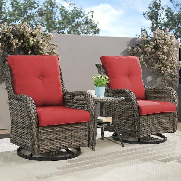 Opohoro ArcoBay 3-Piece Gray Wicker Swivel Outdoor Rocking Chairs Patio Conversation Set with Olefin Red Cushions