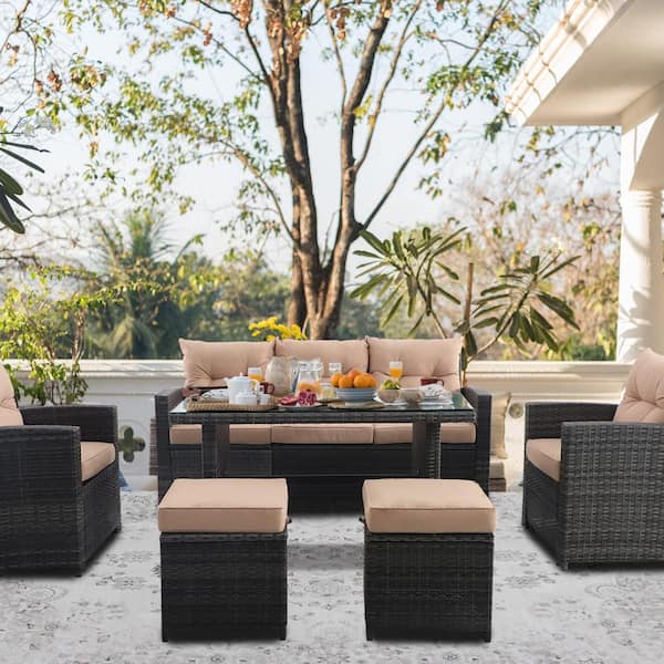 Zeus & Ruta 6-Piece Patio Weaving Wicker Rattan Outdoor Sectional Sofa Set with Brown Cushions and Glass Table for Garden Backyard