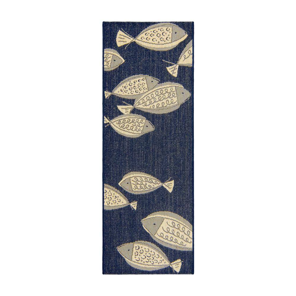 Navy Blue Fish Pattern Flatweave Indoor/Outdoor Rug