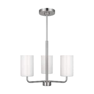Rhett 3-Light Brushed Steel Modern Small Chandelier with Clear/White Glass Shades, No Bulbs Included