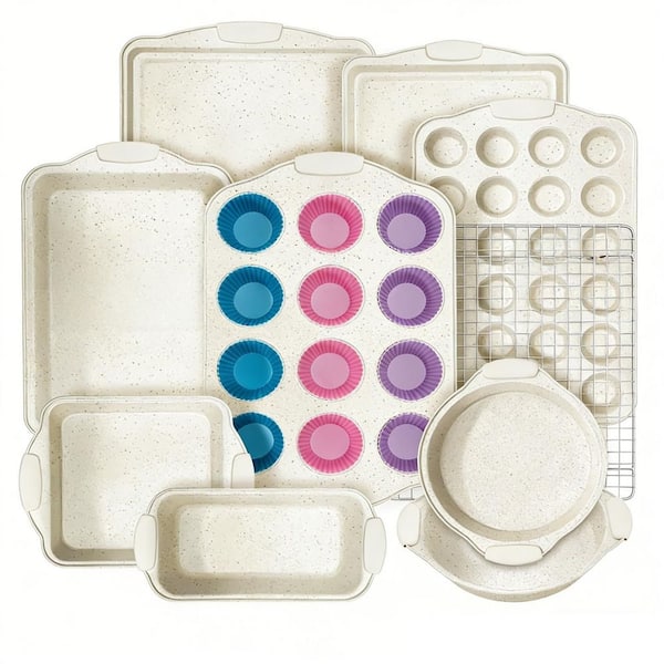 22-Piece Cream Stackable Bakeware Sets with Silicone Handles, Nonstick Baking Pans Set, Oven Pan for Cooking