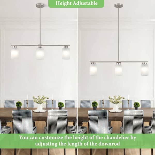 HLJYNJM 3-Light Nickel Modern Linear Chandelier with Glass Shade