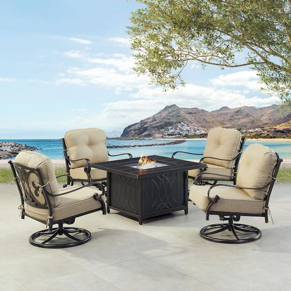 Oakland Living Black 5 Piece Aluminum Patio Fire Fit Table Set with 4 Club Chairs with Tan Cushions