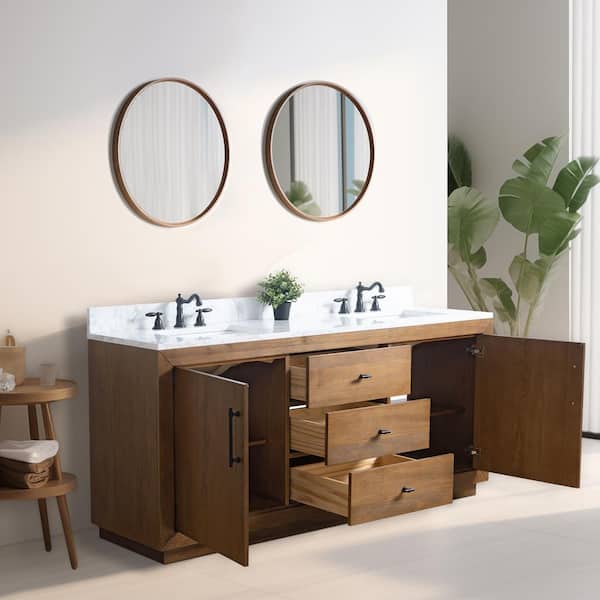 Vanity Art 72 in. W x 22 in. D x 34 in. H Double-Sink Bathroom Vanity in Natural Oak with Engineered Marble Top in Arabescato White